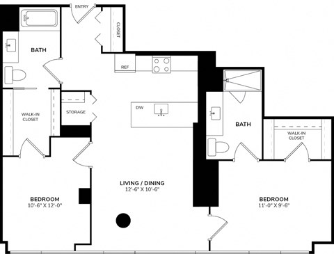 A floor plan of a house with two bedrooms, a living/dining area, a bathroom, a walk-in closet, and storage.